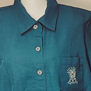 Vintage Halmode Plus XL Forest Green Button Front Blouse Top Embroidered Pocket